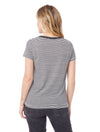 Black/White thin stripe tee with solid black neckline binding.  Has flattering feminine fit with crew neck.