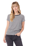 Black/White thin stripe tee with solid black neckline binding.  Has flattering feminine fit with crew neck.