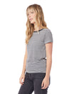 Black/White thin stripe tee with solid black neckline binding.  Has flattering feminine fit with crew neck.