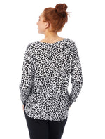 Black/White Leopard printed tee has a relaxed roomy fit, slightly open neckline, and full-length raglan sleeve.