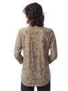 Dark Beige floral printed, relaxed fit tee with 3/4 raglan sleeve and slight shirttail hem.