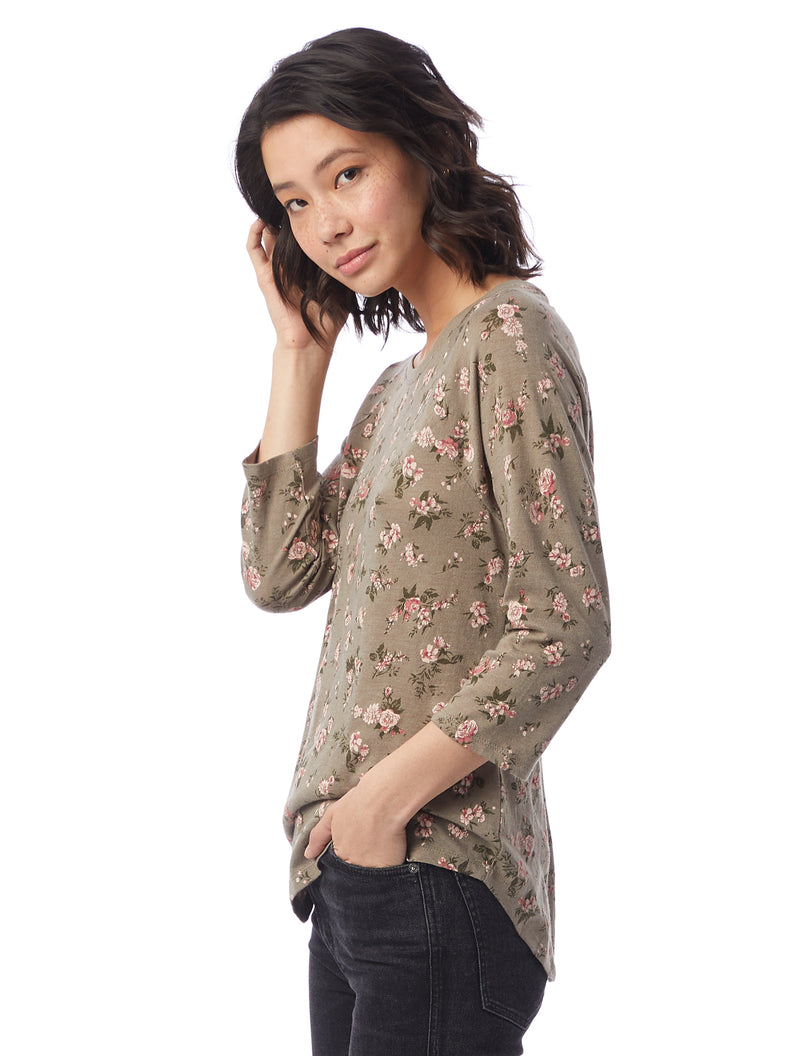 Dark Beige floral printed, relaxed fit tee with 3/4 raglan sleeve and slight shirttail hem.