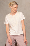 White relaxed fit crew neck T Shirt, with intricate tonal hand embroidery at front neckline/body.