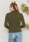 Army Green long sleeve top has fitted body and sleeves with collar and button placket.