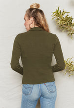 Army Green long sleeve top has fitted body and sleeves with collar and button placket.