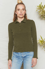 Army Green long sleeve top has fitted body and sleeves with collar and button placket.