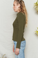 Army Green long sleeve top has fitted body and sleeves with collar and button placket.