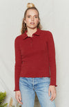 Merlot long sleeve top has fitted body and sleeves with collar and button placket.