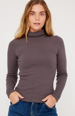 Basalt Grey slim fitting long sleeve turtleneck made from thick textured rib.