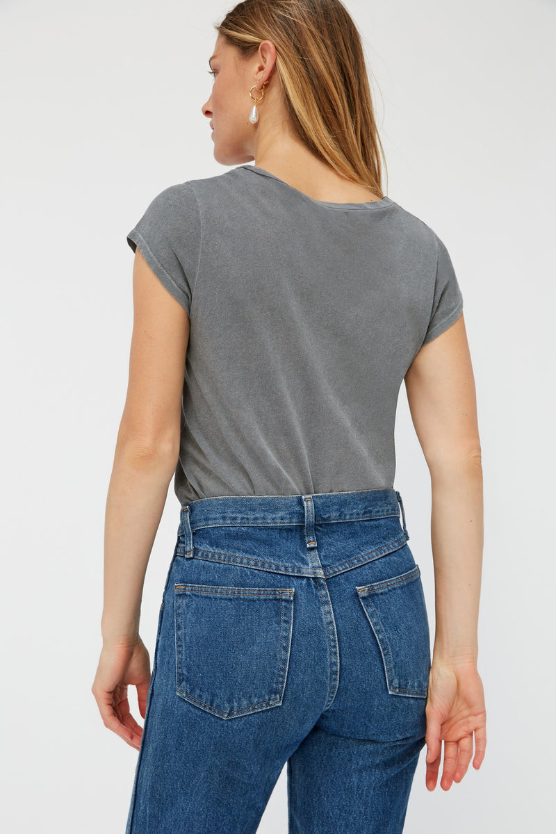 Slate Grey relaxed deep scoop neckline tee with a slight V and flattering cap sleeves.