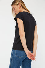 Tar Black relaxed deep scoop neckline tee with a slight V and flattering cap sleeves.