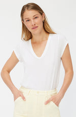 Whitewash relaxed deep scoop neckline tee with a slight V and flattering cap sleeves.