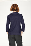 Navy Blue denim sweatshirt in simple shape, with feminine ties at the sleeves and a relaxed funnel neck.