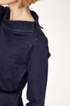 Navy Blue denim sweatshirt in simple shape, with feminine ties at the sleeves and a relaxed funnel neck.