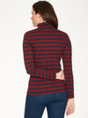 Ruby Red/Midnight Navy striped roll turtleneck with relaxed, feminine fit and long sleeves. 