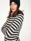 Midnight Navy/White striped roll turtleneck with relaxed, feminine fit and long sleeves. 