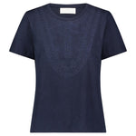 Indigo relaxed fit crew neck T Shirt with intricate tonal hand embroidery at front neckline/body