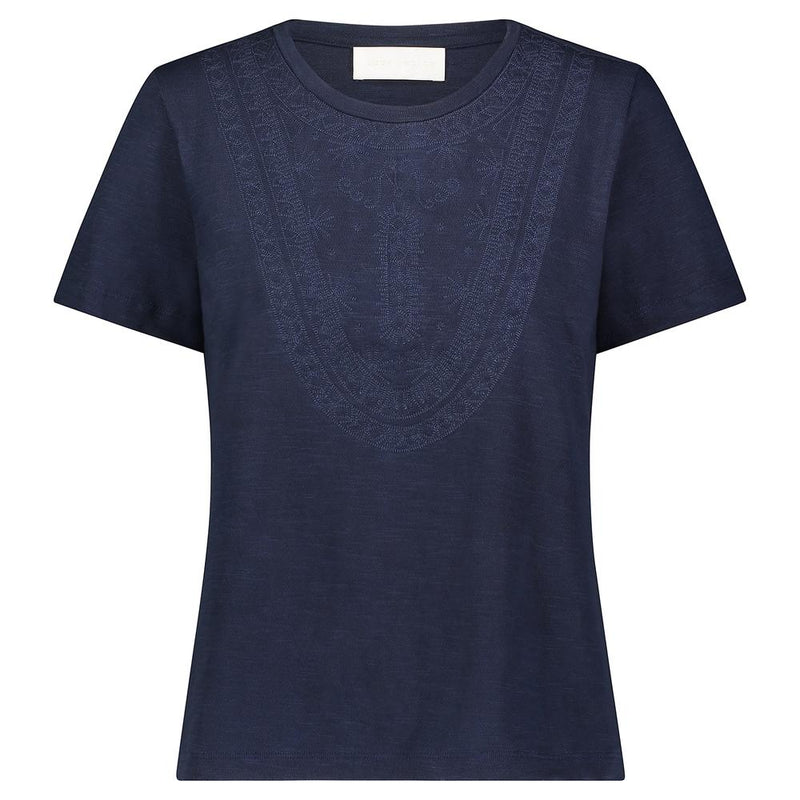 Indigo relaxed fit crew neck T Shirt with intricate tonal hand embroidery at front neckline/body